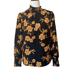 Sanctuary Floral Smocked Mock Neck Blouse S Black Yellow Long Sleeve Boho Top